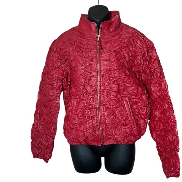 Shebang vintage leather jacket red ruched unique artsy moto medium edgy - Picture 1 of 7